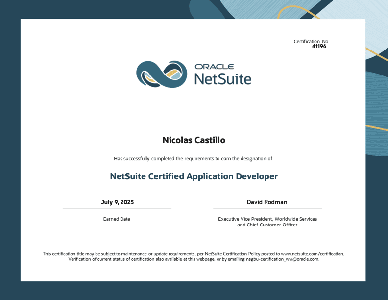 NetSuite Certified Application Developer