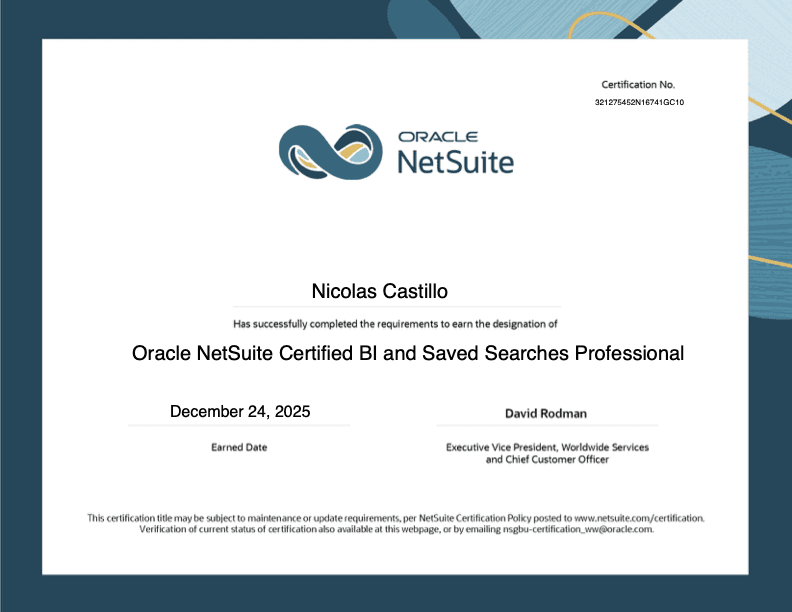 Oracle NetSuite Certified BI and Saved Searches Professional
