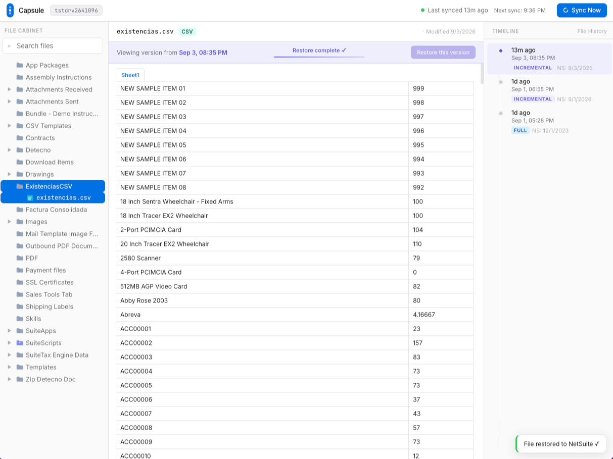 Capsule confirming that a file was restored to NetSuite
