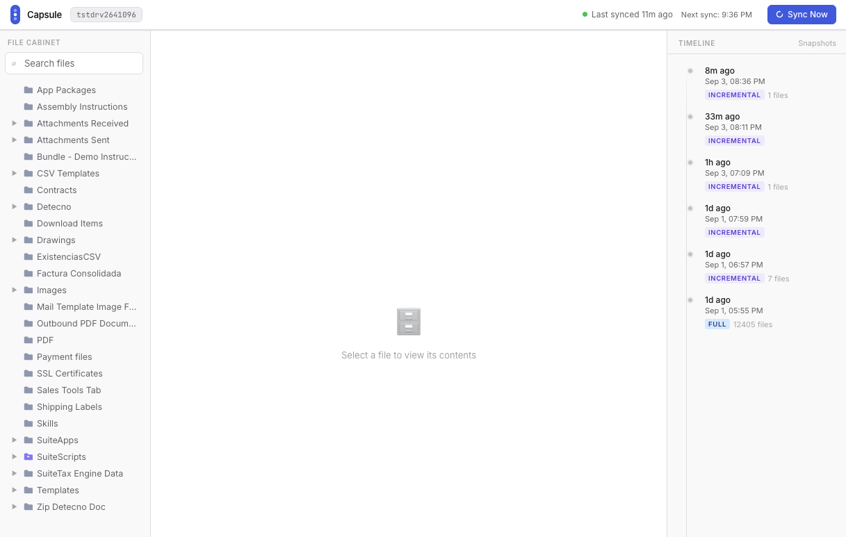 Capsule file cabinet overview with snapshot history and sync status