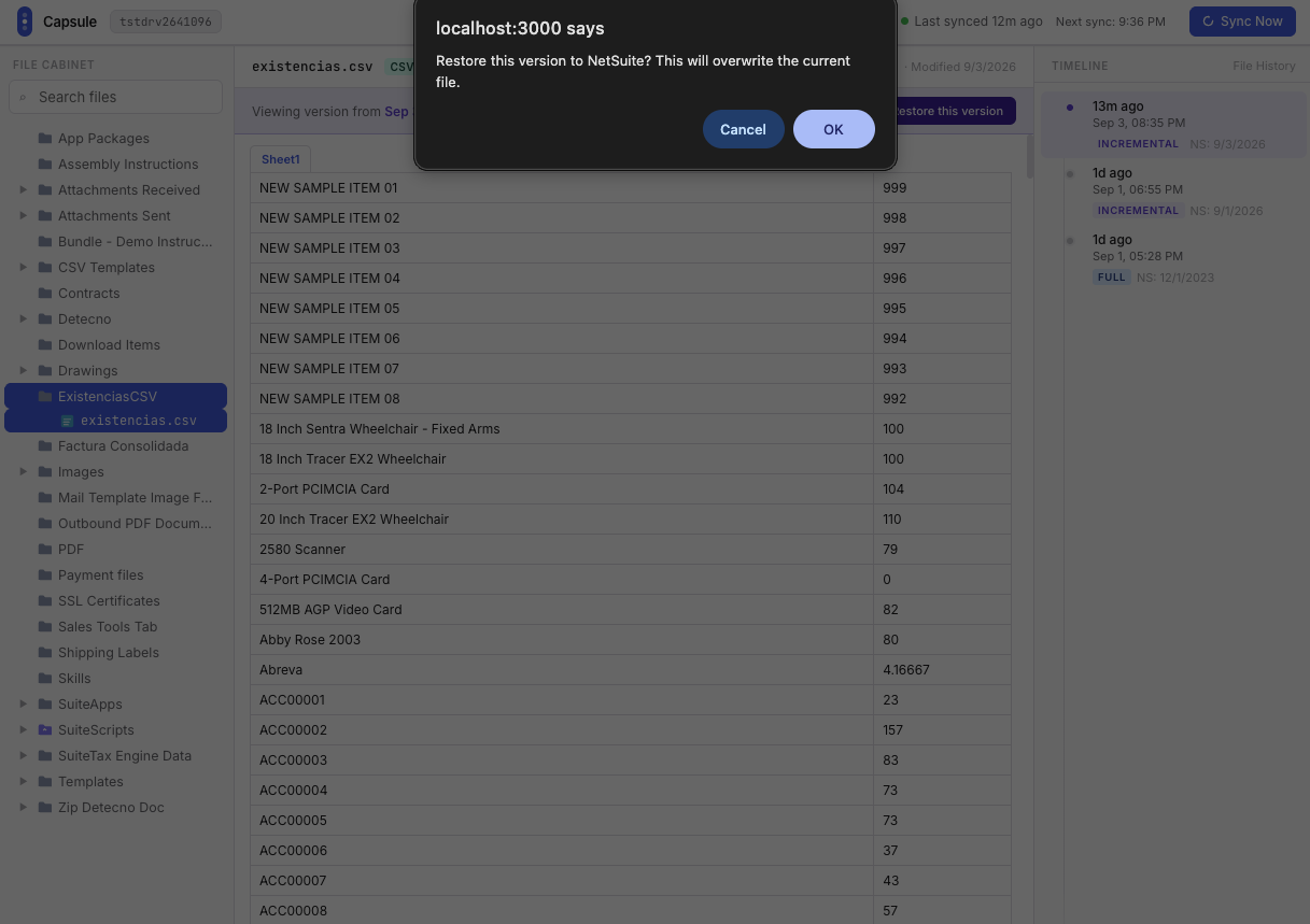 Capsule confirmation dialog warning that the current file will be overwritten