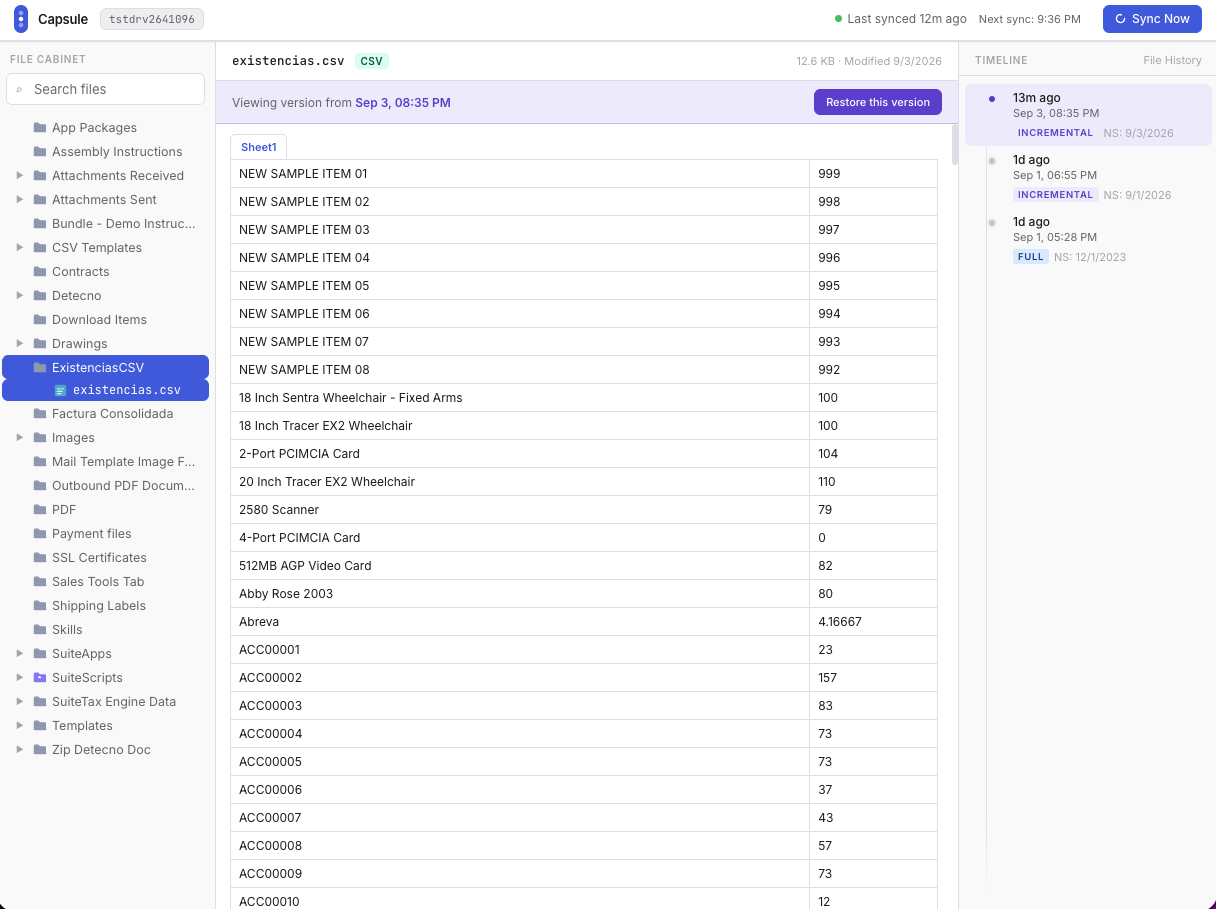 Capsule restore action ready to run on a selected version
