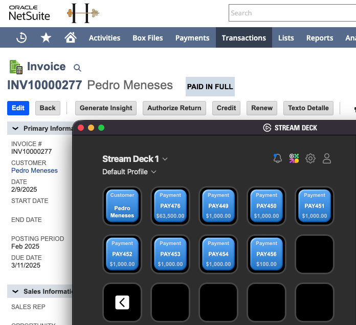 Stream Deck showing related records for a NetSuite Invoice