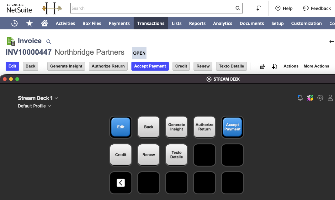Stream Deck showing Invoice-specific buttons including Accept Payment
