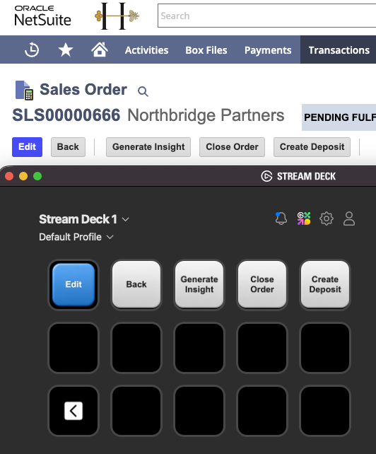 Stream Deck mirroring the action buttons of a NetSuite Sales Order